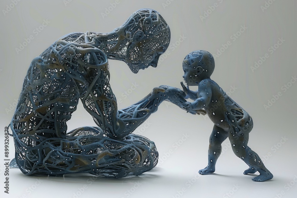 Poster artistic digital sculpture of parent and child symbolizing love connection and modern technology in 