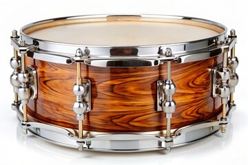 Obraz premium Isolated wooden snare drum with shiny metal hardware and vibrant wood grain patterns sits alone on a pristine white background, awaiting rhythmic expression.