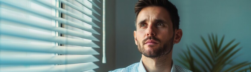 Obraz premium Pensive man looking out a window with blinds, contemplating, with natural light illuminating his face.