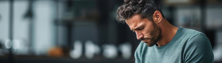 Fototapeta premium Man in a green sweater, sitting indoors, deep in thought with a serious expression, focusing on something off-camera.