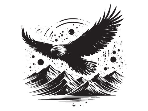 recommend clip art: Bald eagle flying over the mountains. Black white engraving emblem, print