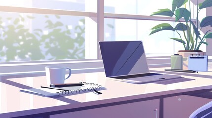 Fototapeta premium Minimalist Desk Setup with Laptop, Notebook, and Sunlight