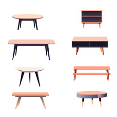 A set of six interior tables of different shapes.