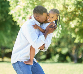 Dad, girl and smile with hug at park for bonding, love and trust with support for child development...