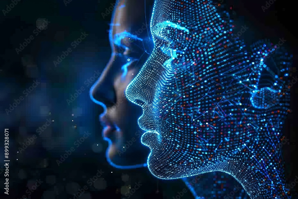 Poster face to face digital interaction in a glowing cybernetic environment exploring themes of connection 