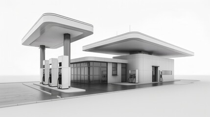 A sleek gas station design in black and white featuring modern fuel dispensers against a clean white background. Generative AI