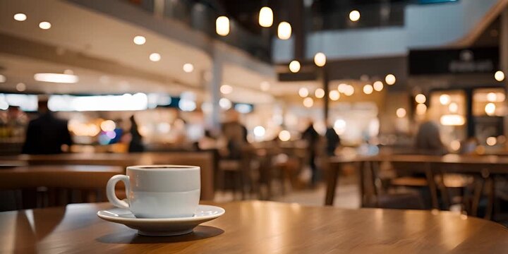 White coffee cup on the table with blur people walking background