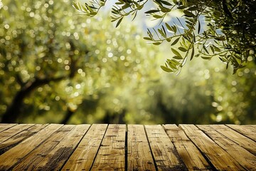 Old wooden table for product display with natural green olive field bokeh background. Natural vintage tabletop persepective and blur olive tree layout design.
