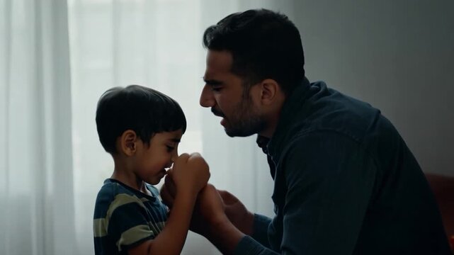 Son, a preschooler, is being lectured by his enraged father about his terrible behavior at home.