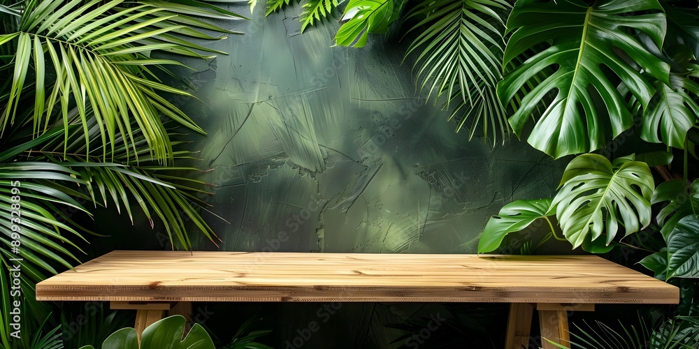 Poster simple bamboo table with tropical leaf backdrop for product display
