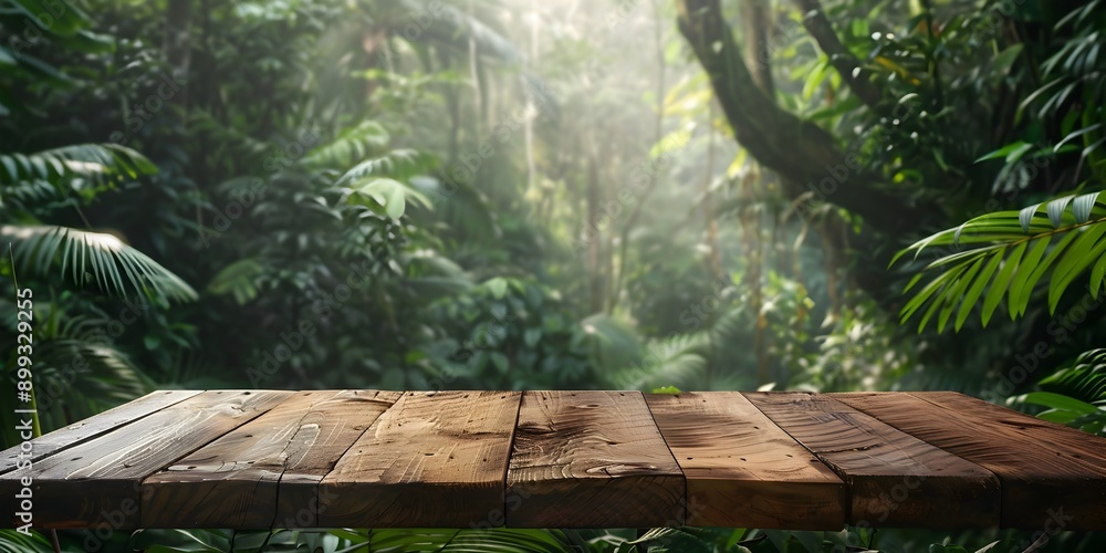 Poster natural wooden table in lush forest backdrop empty display for product concepts