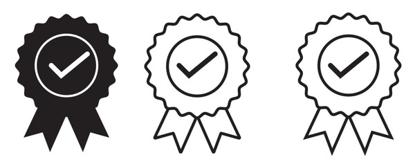 Approved or certified medal icon. Certified badge. Set approval check icon isolated, approved or verified medal icon.