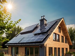 Close-up of a new suburban house with a photovoltaic system on the roof. Simple and modern environmentally friendly house with solar panels on the gable roof, with sunlight during the day