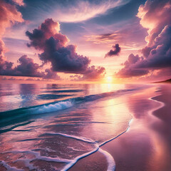 A beach with a beautiful sunrise.