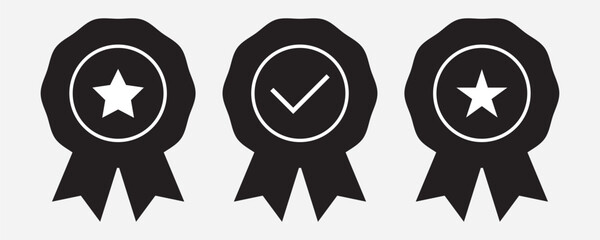 Quality certify badge icon. Qualification certificate medal. Quality award ribbon sign set isolated on white background.