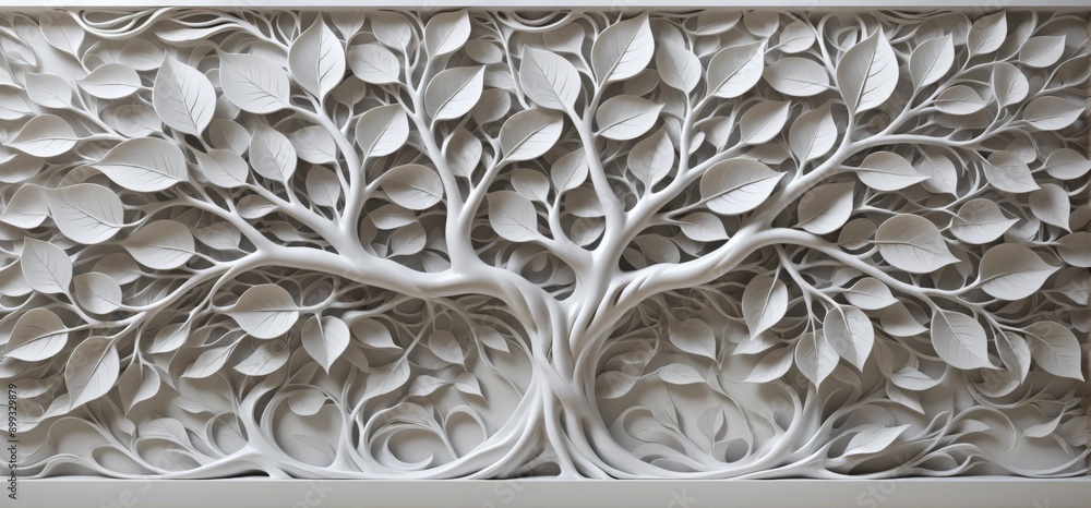 Poster 3d rendering white wall panel tree-like design tree is made bran