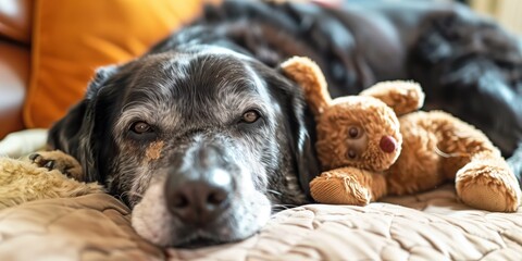 An old dog near the end of its life laying in its bed with its favourite soft toy - Powered by Adobe