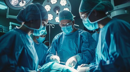 Focused medical professionals in scrubs and masks, collaborating during a critical surgery in a well-equipped operating room.