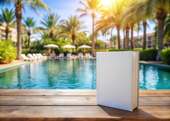 Naklejka premium Beautiful blank book cover template stands on a table against a blurred summer background with a pool, water, palms, and a resort, evoking vacation and leisure.
