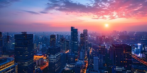 Obraz premium Dramatic Cityscape with Glowing Skyscrapers at Sunset or Sunrise
