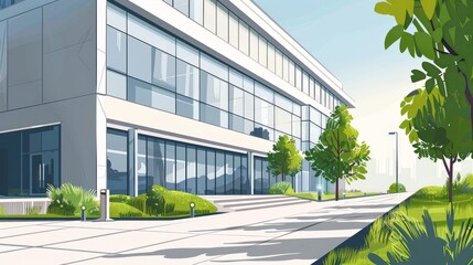 Modern Office Building Exterior with Glass Facade and Greenery