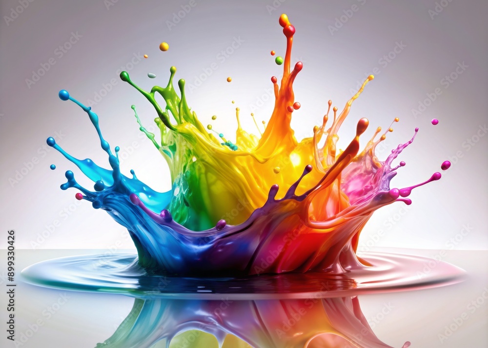 Poster vibrant liquid splash on a pristine white surface, bursting with dynamic energy and colorful vibranc