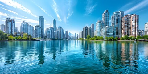 Fototapeta premium Vibrant Cityscape with Bustling Waterfront Urban Skyline and Towering Skyscrapers