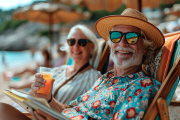 Fototapeta premium Older couple of tourists wearing sunglasses are sitting on the shore of the beach enjoying their vacations