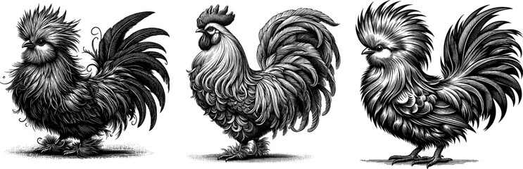 Silkie Chicken Cockroach engraving vector illustration and Linear sketch art design