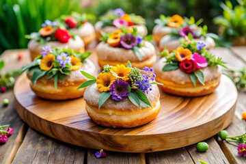 Colorful glazed doughnuts adorned with edible flowers and greenery sit atop a rustic wooden table centerpiece at a whimsical outdoor wedding celebration.
