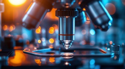 Close up of a microscope in laboratory advanced technology science experiment