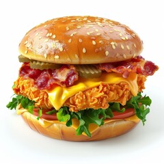 A crispy chicken sandwich, fast food element, realistic 3D render, isolated on white background