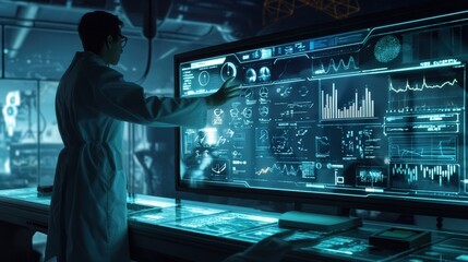 Male scientist with spectacles in white lab coat in dim room stands next to big screen with multiple graphs charts analysis data
