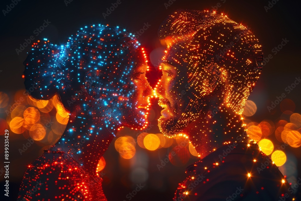 Poster face to face digital interaction in a neon lit cybernetic environment exploring themes of connection