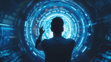 Fototapeta premium Man touching round hologram screen in dark room futuristic control panel male in shirt using advanced technology