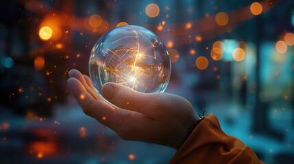Fototapeta premium Person holding glowing glass orb sphere ball on palm bokeh particles around hand city street background