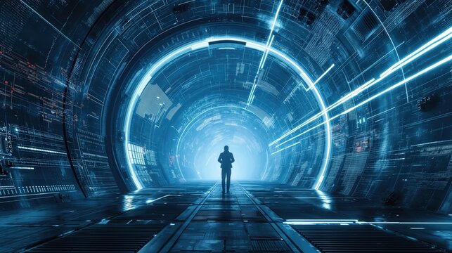 Man stands in middle of futuristic particle accelerator facilities doing daily maintenance routine glowing wall and panel advanced technology