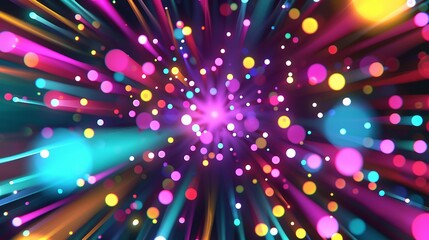 Vibrant burst of colorful rays and dots, creating a dynamic and energetic atmosphere, ideal for abstract designs and backgrounds.