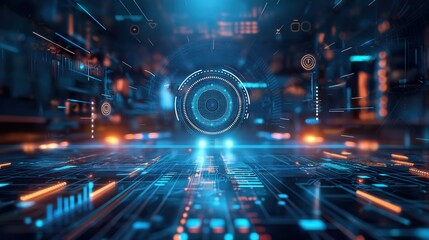 Futuristic hologram panel high tech platform factory warehouse control center glowing circuit board