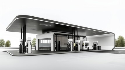 A sleek, modern fuel dispensing complex featuring minimalistic black and white elements, designed for promotional use against a white background. Generative AI
