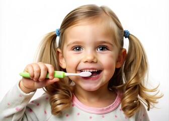 A young girl is brushing his teeth with a green toothbrush