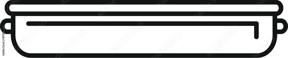 Poster black and white simple line drawing of an empty rectangular food container with lid, side view