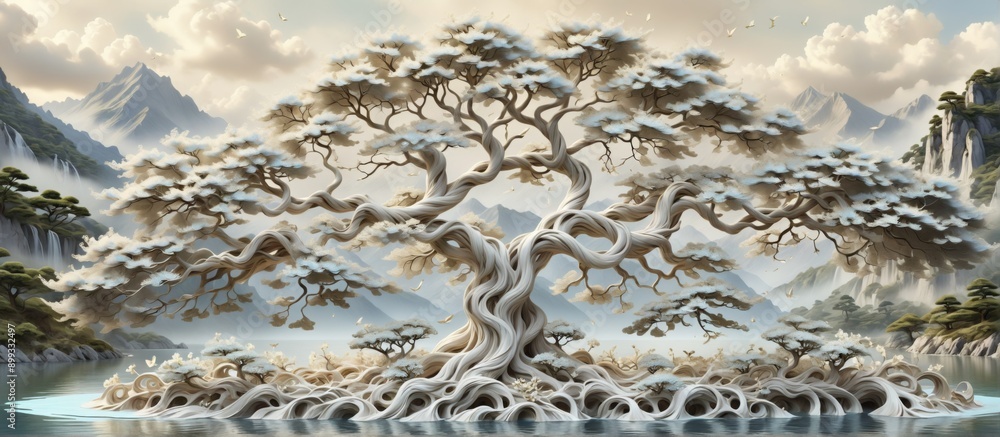 Poster sculpture large tree multiple branches leaves is center image bo