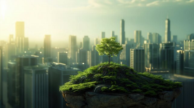 Small tree on top lush green hill with skyscrapers cityscape mega city background during sunset