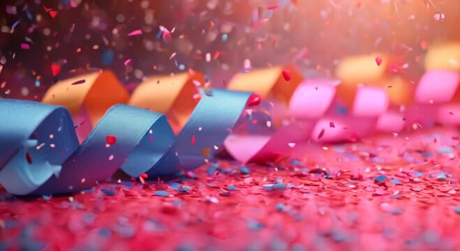 Cascading ribbon curls in vibrant colors, joyful party atmosphere