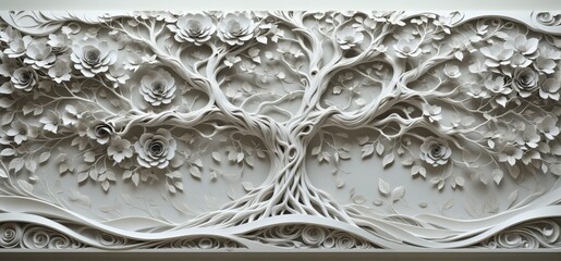 3D rendering white wall panel tree design is intricately detaile