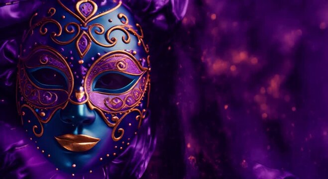 Bright carnival masks on a purple velvet background, vibrant Mardi Gras or masquerade theme