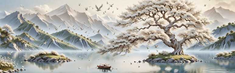 3D rendering landscape scene tree center is made up white peacef