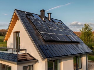 Fototapeta premium Close-up of a new suburban house with a photovoltaic system on the roof. Simple and modern environmentally friendly house with solar panels on the gable roof, with sunlight during the day