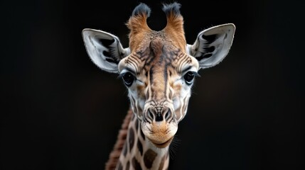 A close-up portrait of a giraffe with gentle eyes.